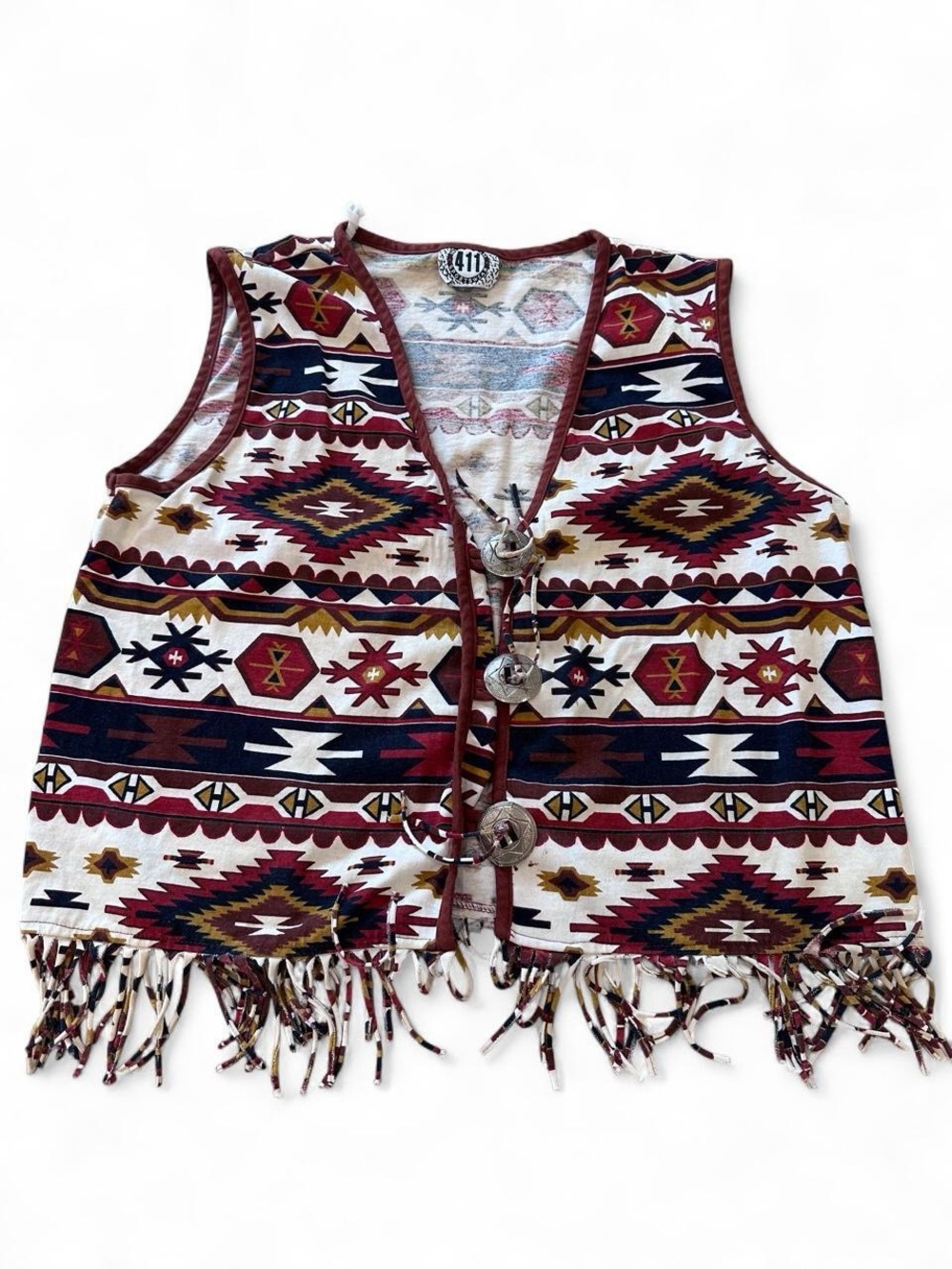 Vintage 411 Sportswear Western Aztec Print Fringe Vest W/ Silver Buttons - Large